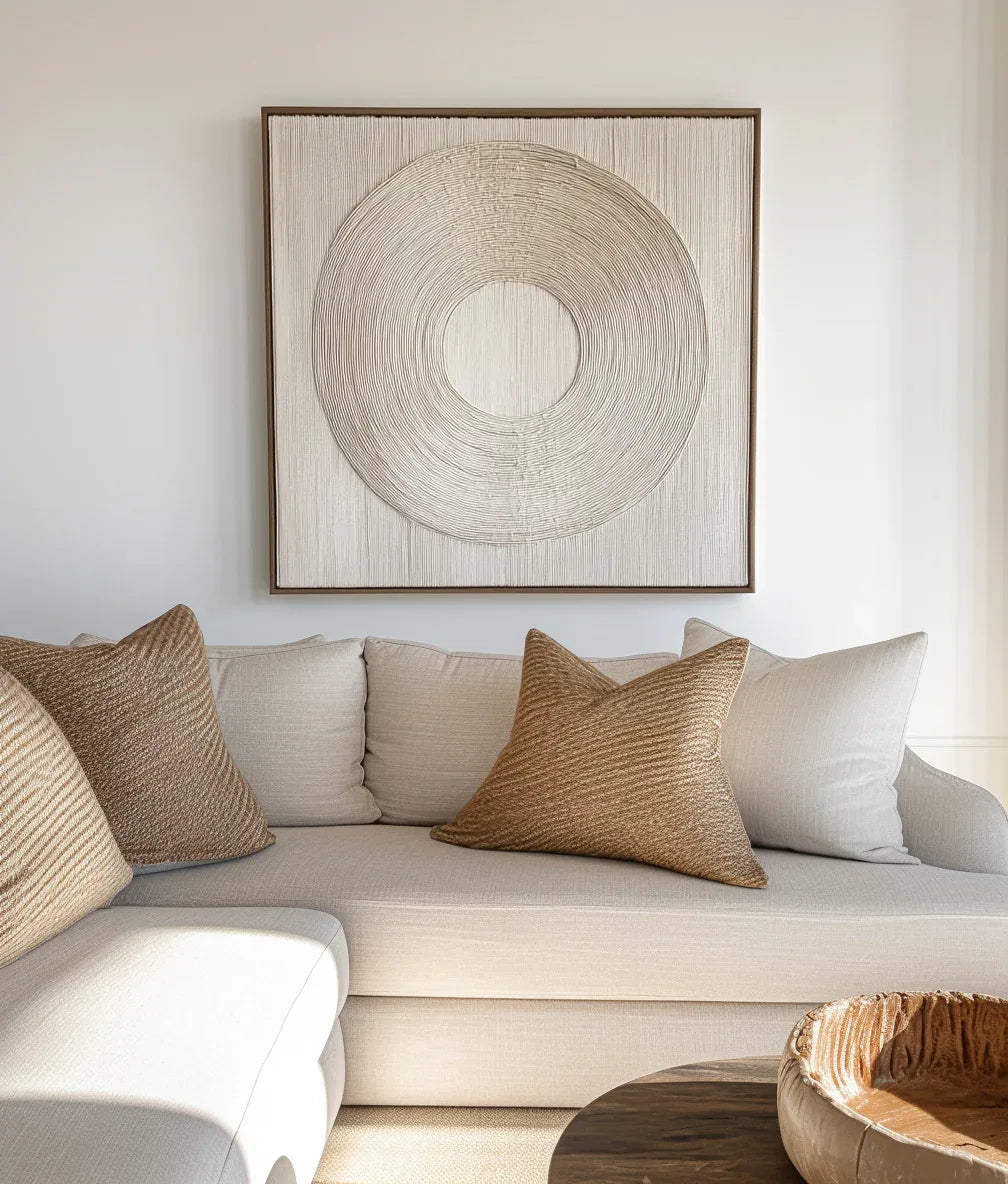 Serene Circle Textured Canvas-Minimally Styled Light Beige Hand-Painted Concentric Circular Wall Art
