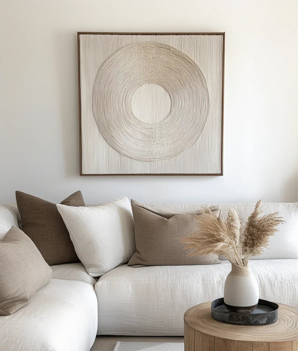 Serene Circle Textured Canvas-Minimally Styled Light Beige Hand-Painted Concentric Circular Wall Art
