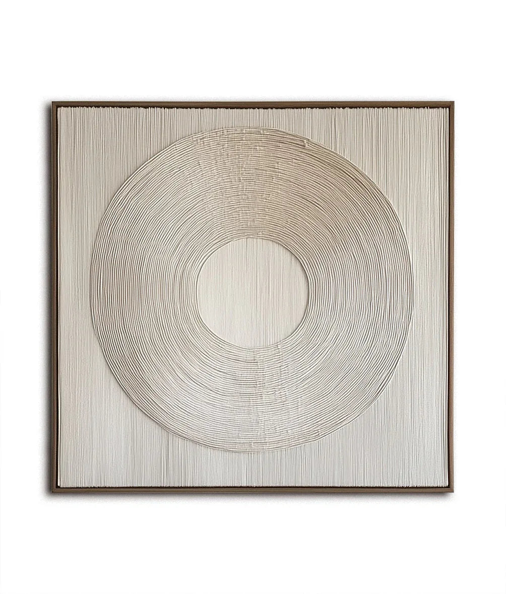 Serene Circle Textured Canvas-Minimally Styled Light Beige Hand-Painted Concentric Circular Wall Art