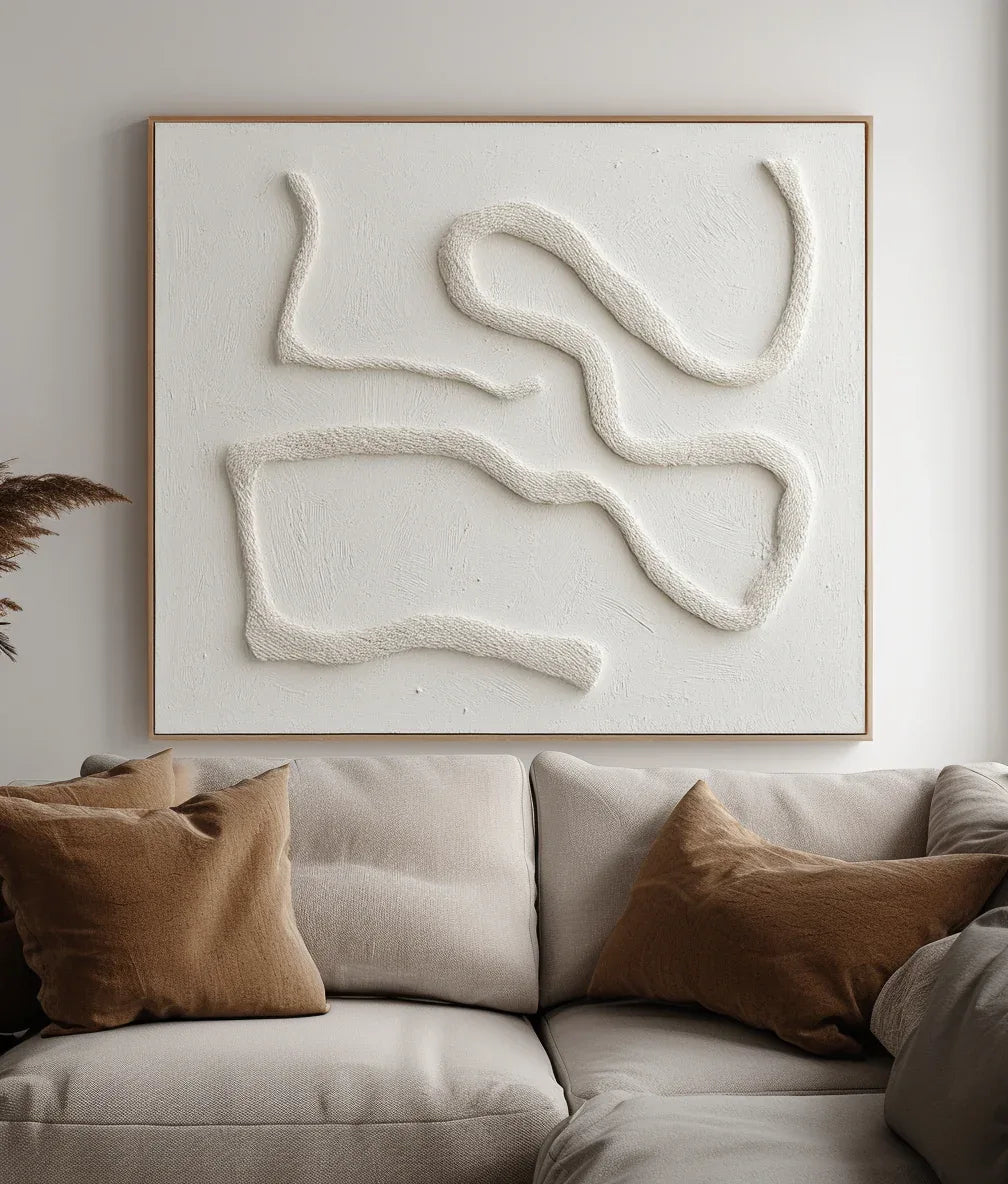 Serenity in Sculpted Lines-Minimalist Style Hand-Painted White Flowing Line Texture Wall Art