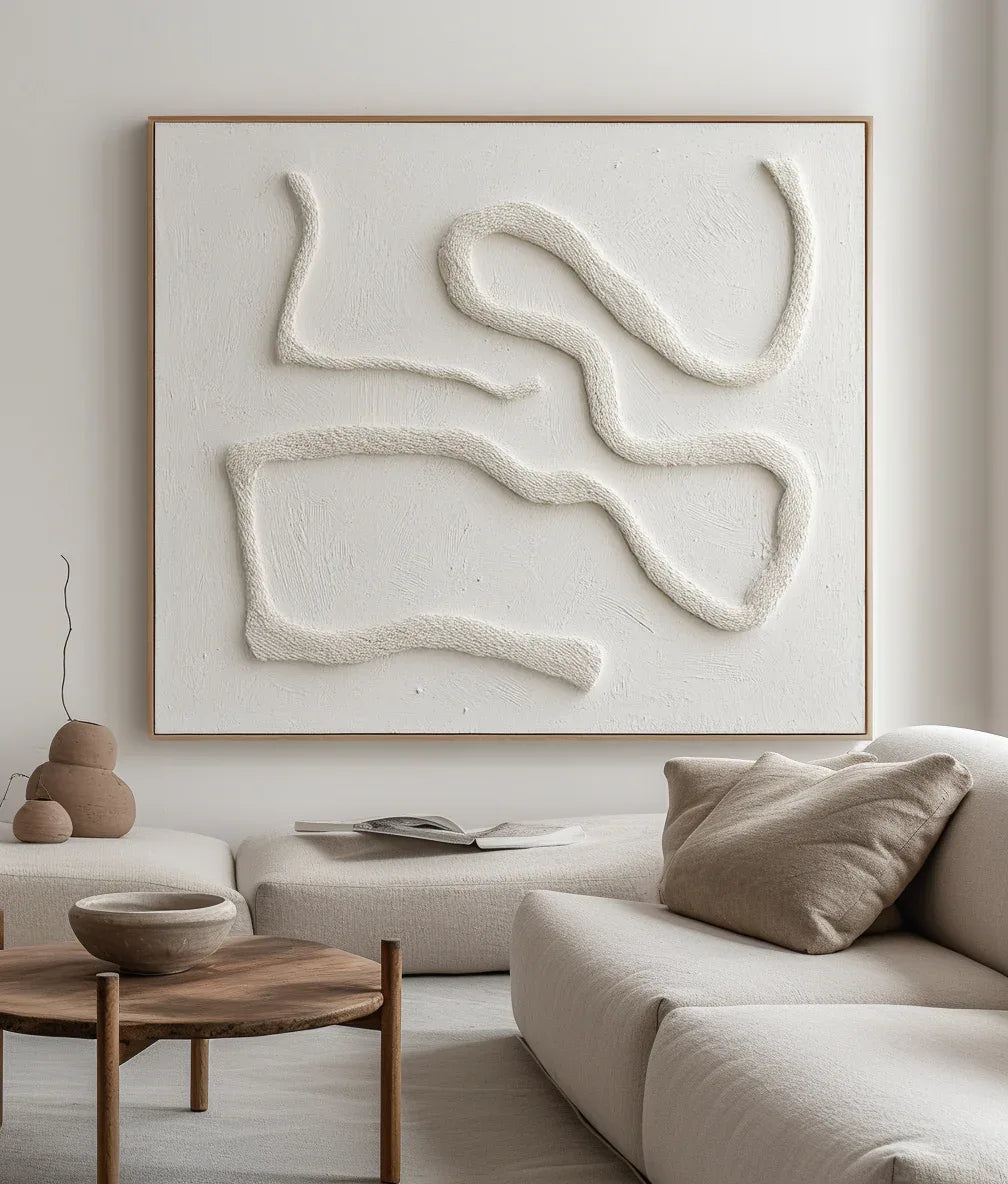 Serenity in Sculpted Lines-Minimalist Style Hand-Painted White Flowing Line Texture Wall Art