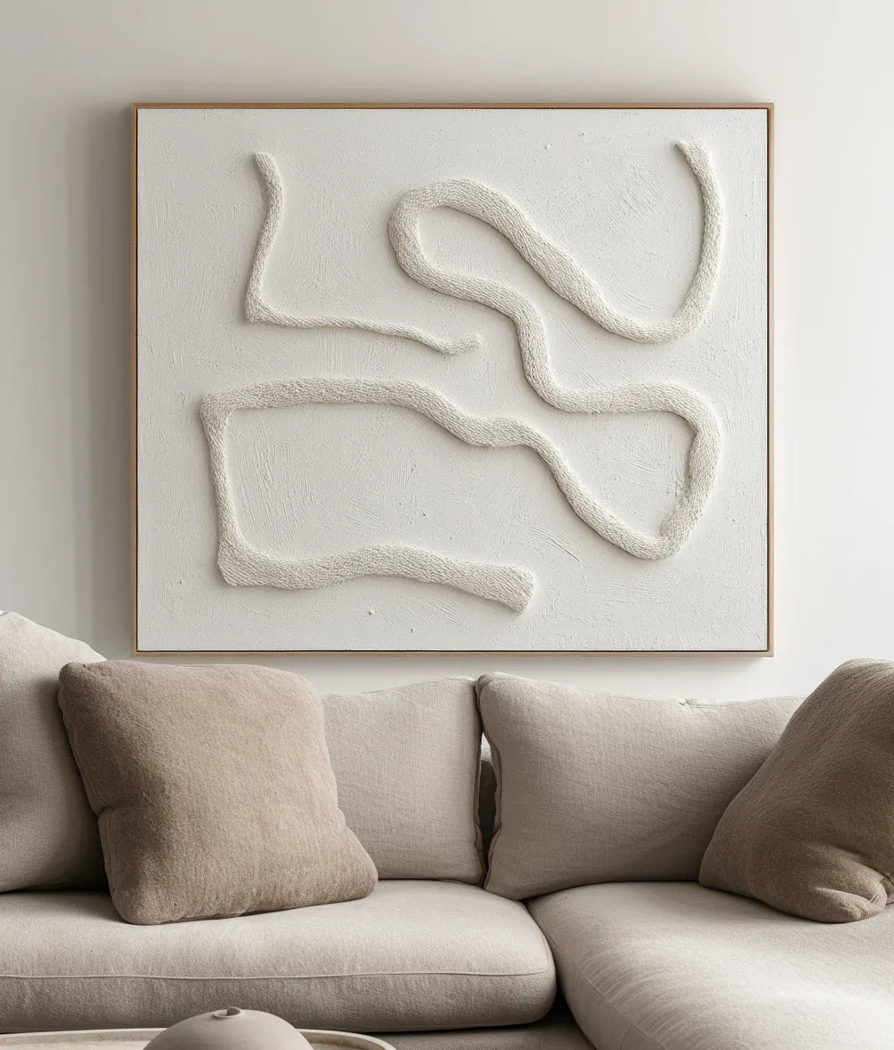Serenity in Sculpted Lines-Minimalist Style Hand-Painted White Flowing Line Texture Wall Art