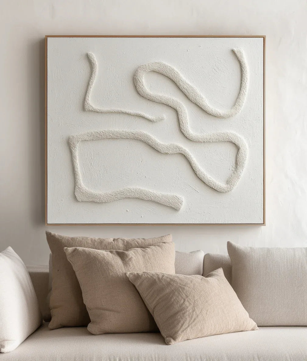 Serenity in Sculpted Lines-Minimalist Style Hand-Painted White Flowing Line Texture Wall Art