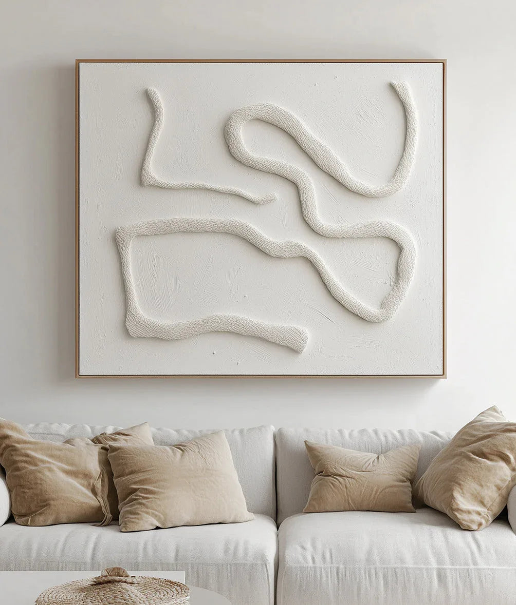 Serenity in Sculpted Lines-Minimalist Style Hand-Painted White Flowing Line Texture Wall Art