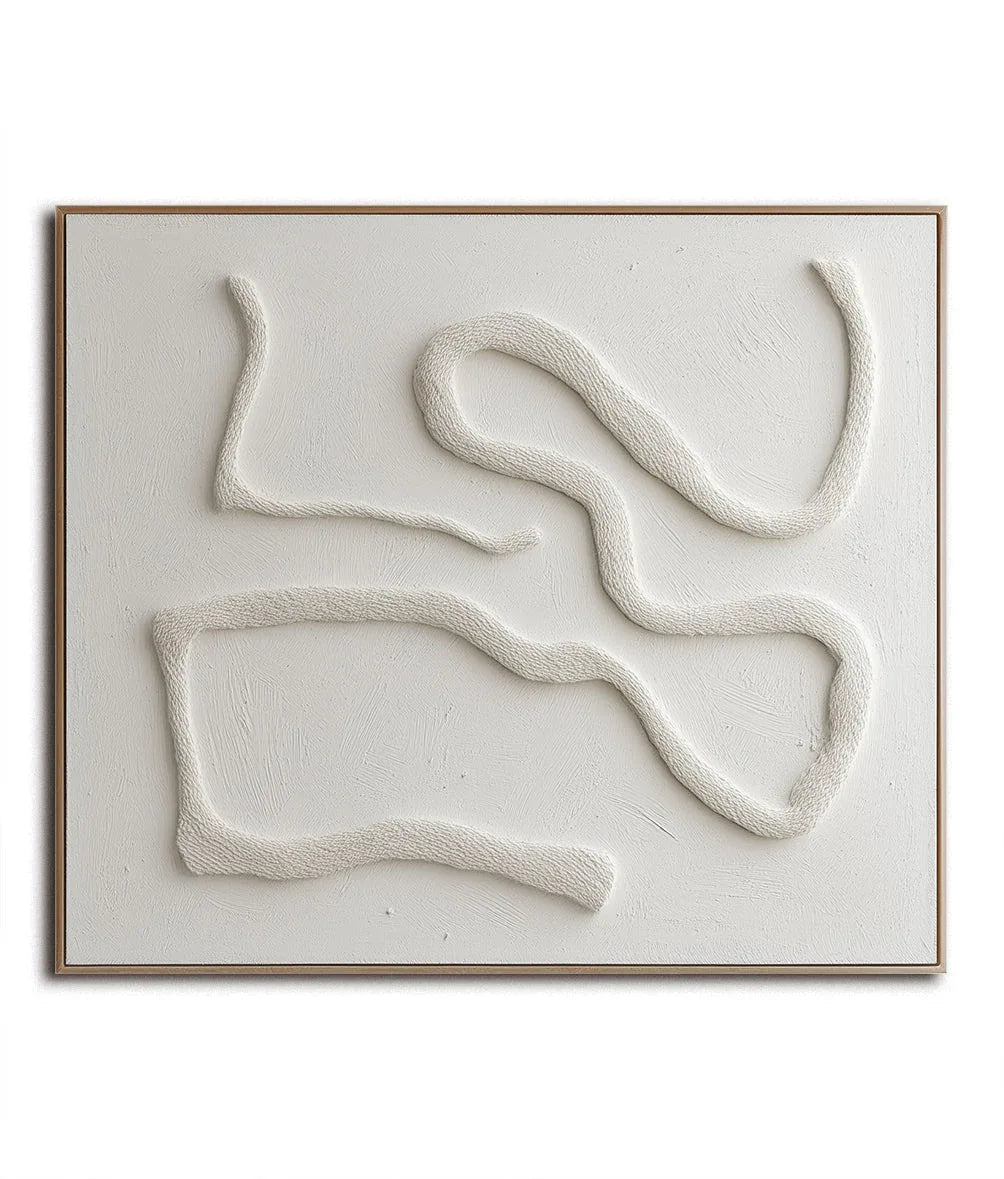 Serenity in Sculpted Lines-Minimalist Style Hand-Painted White Flowing Line Texture Wall Art