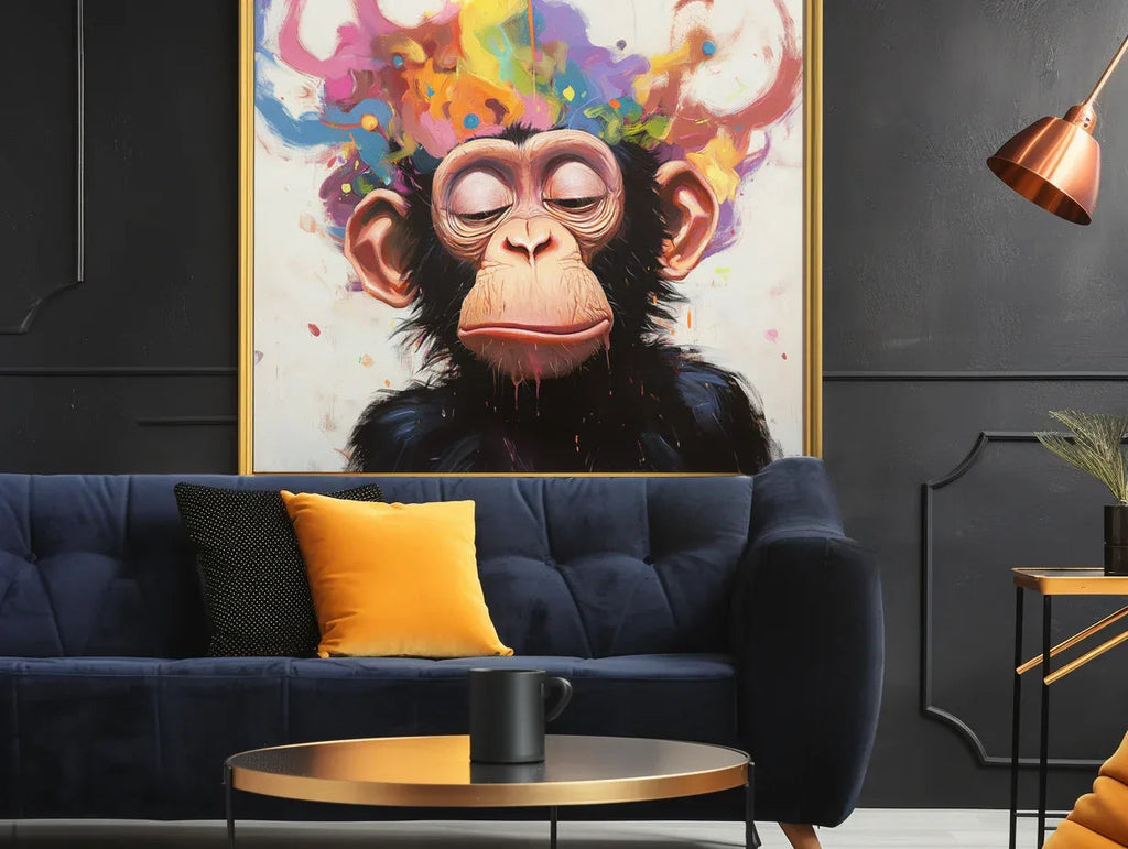Colorful Monkey - Hand Drawn Abstract Fantasy Closed Eye Monkey Oil Painting Wall Art