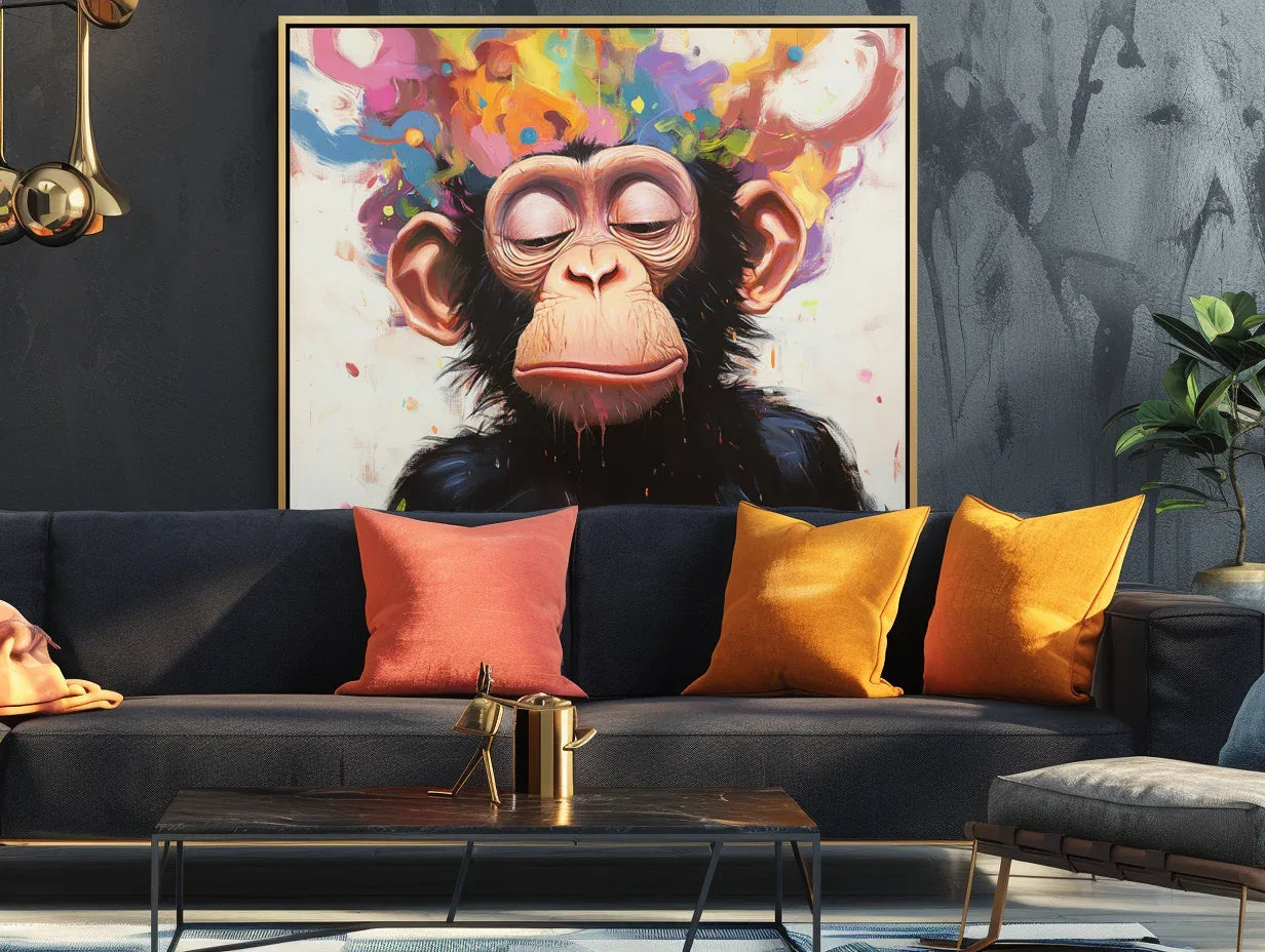 Colorful Monkey - Hand Drawn Abstract Fantasy Closed Eye Monkey Oil Painting Wall Art