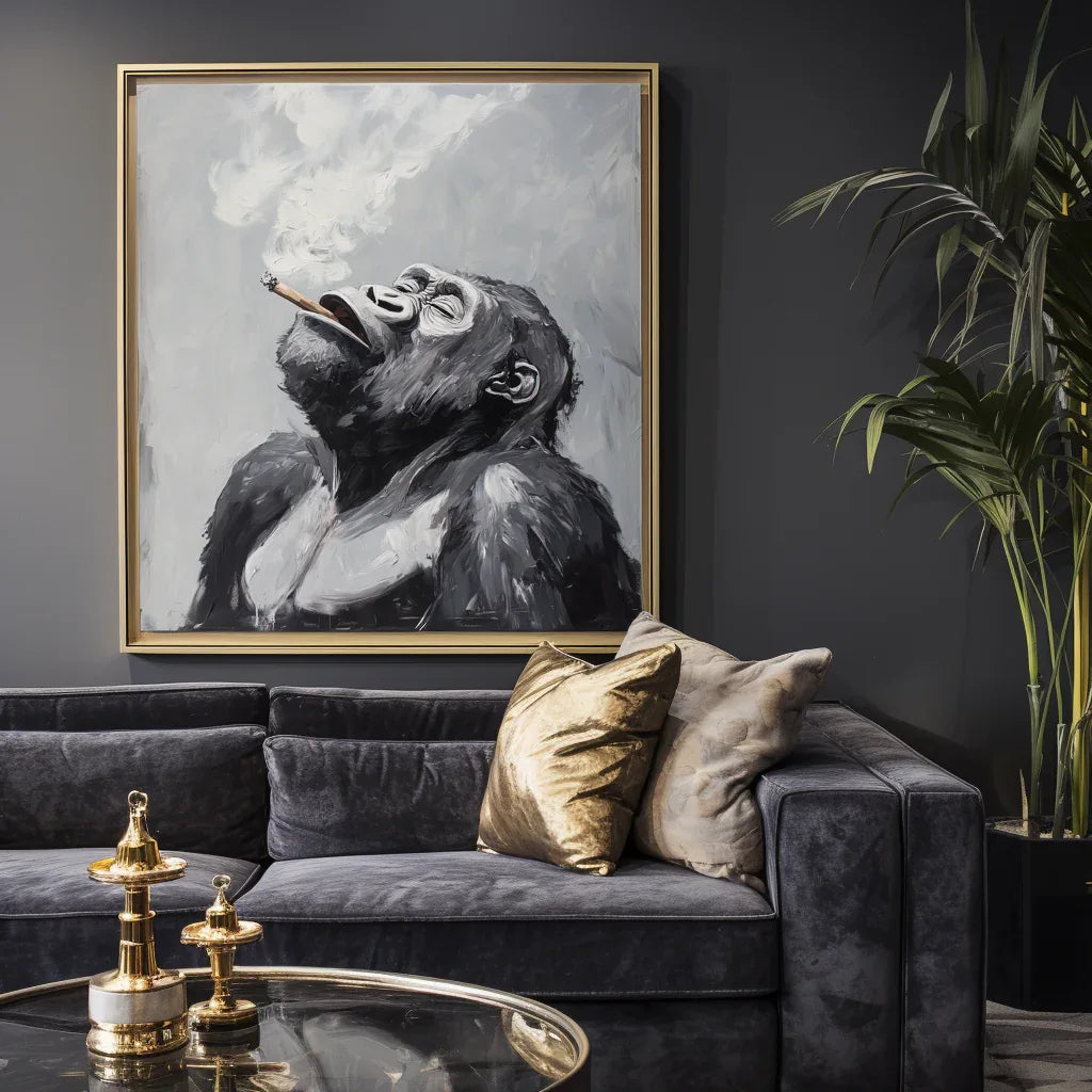Majestic Ponder-Hand Drawn Black Gray Tone Gorilla Cigar Abstract Wall Art