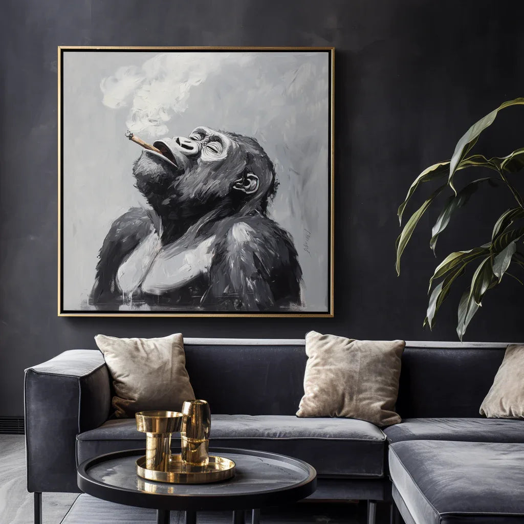Majestic Ponder-Hand Drawn Black Gray Tone Gorilla Cigar Abstract Wall Art