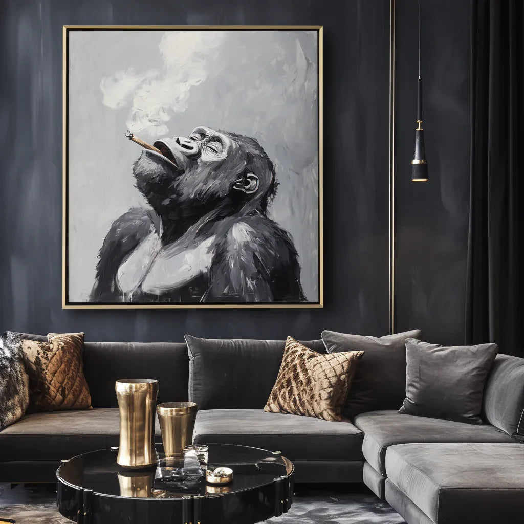 Majestic Ponder-Hand Drawn Black Gray Tone Gorilla Cigar Abstract Wall Art