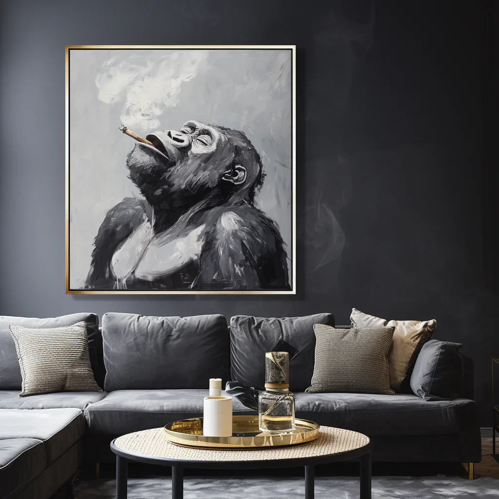 Majestic Ponder-Hand Drawn Black Gray Tone Gorilla Cigar Abstract Wall Art