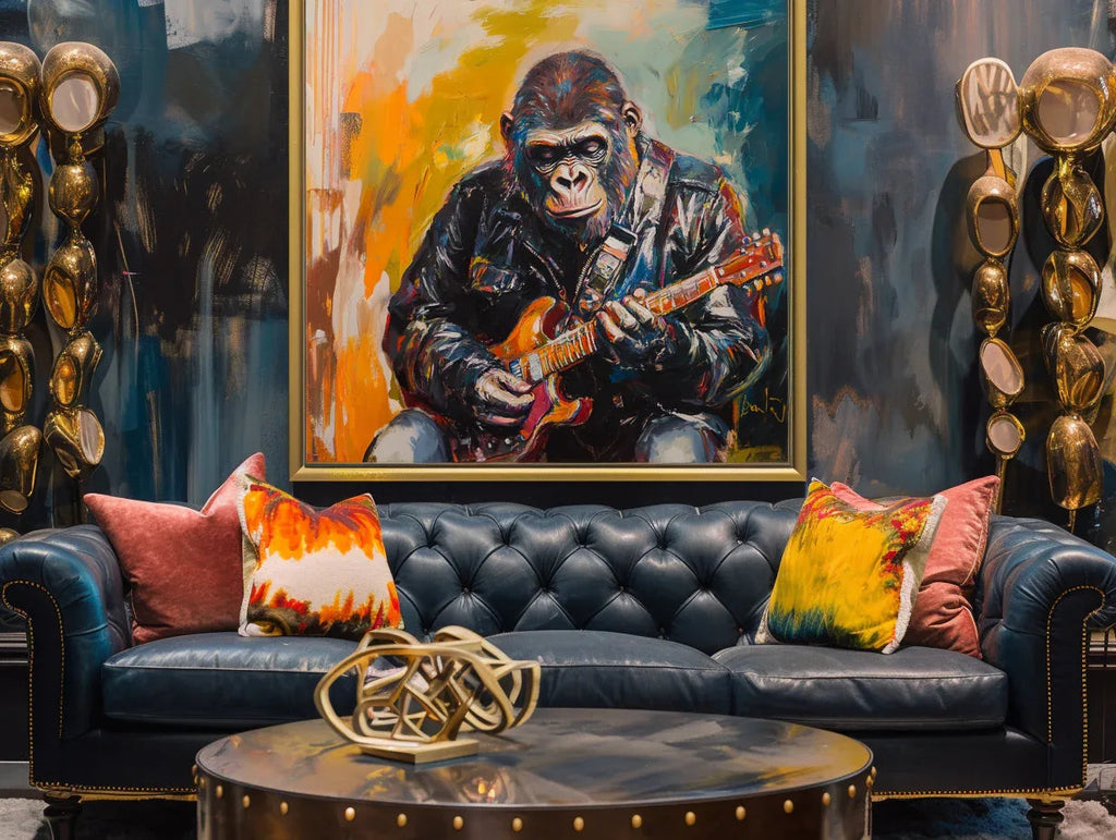 Rockstar Groove-Rock Style Gorilla Guitarist, Abstract Color Oil Painting Wall Art