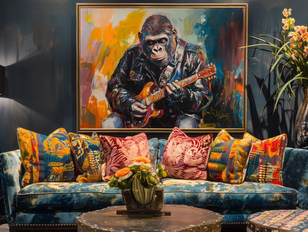 Rockstar Groove-Rock Style Gorilla Guitarist, Abstract Color Oil Painting Wall Art