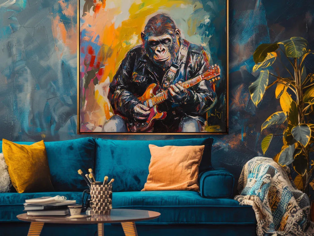 Rockstar Groove-Rock Style Gorilla Guitarist, Abstract Color Oil Painting Wall Art