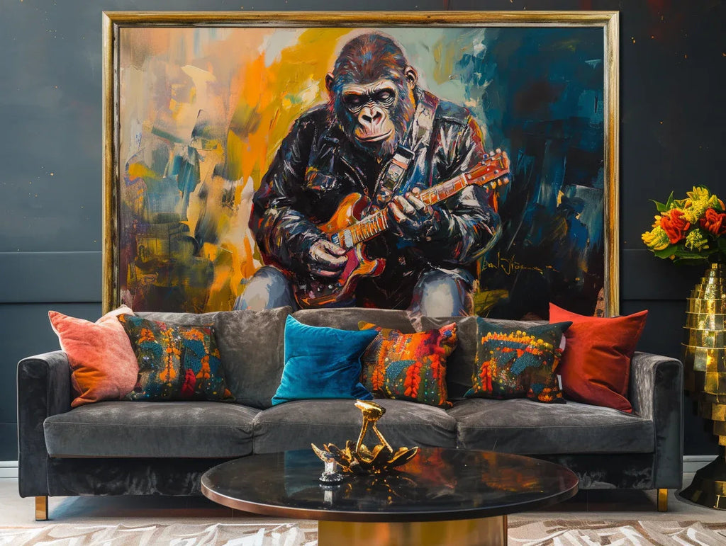 Rockstar Groove-Rock Style Gorilla Guitarist, Abstract Color Oil Painting Wall Art