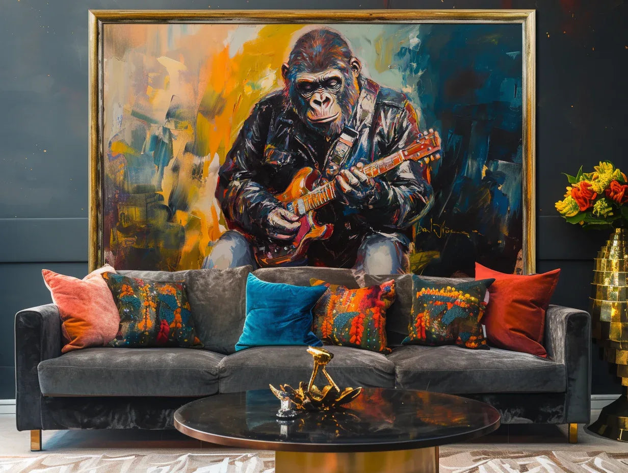 Rockstar Groove-Rock Style Gorilla Guitarist, Abstract Color Oil Painting Wall Art