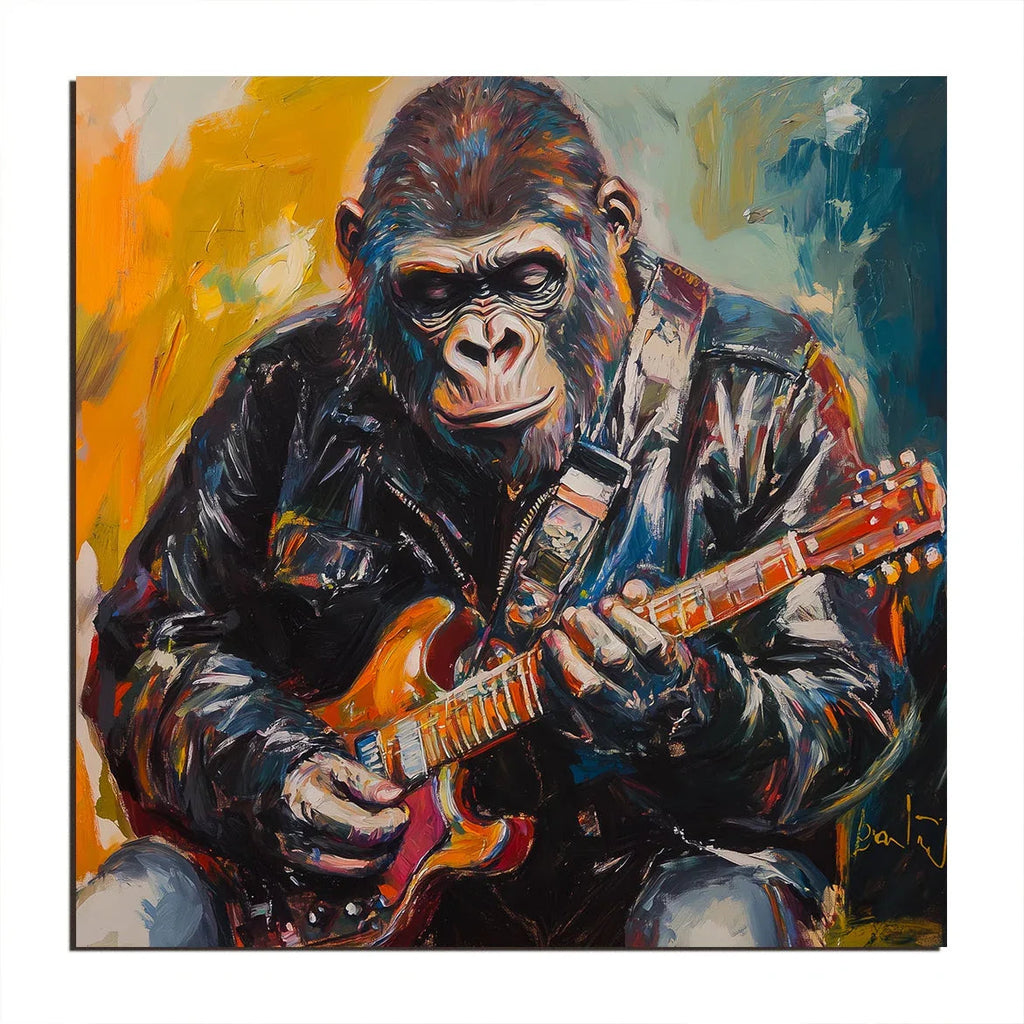 Rockstar Groove-Rock Style Gorilla Guitarist, Abstract Color Oil Painting Wall Art