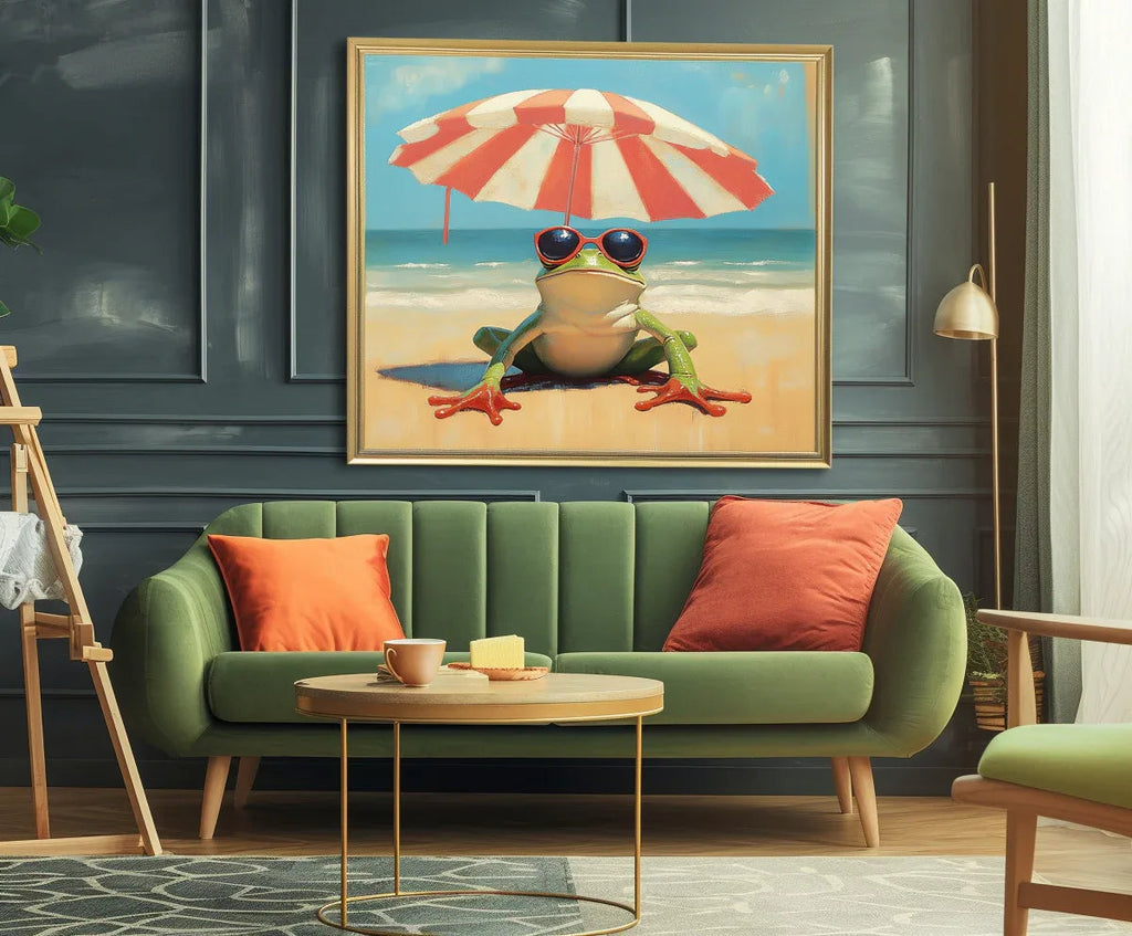Beach Day Bliss-Fun Beach Vacation Frog Abstract Oil Painting Wall Art for Indoor Decoration