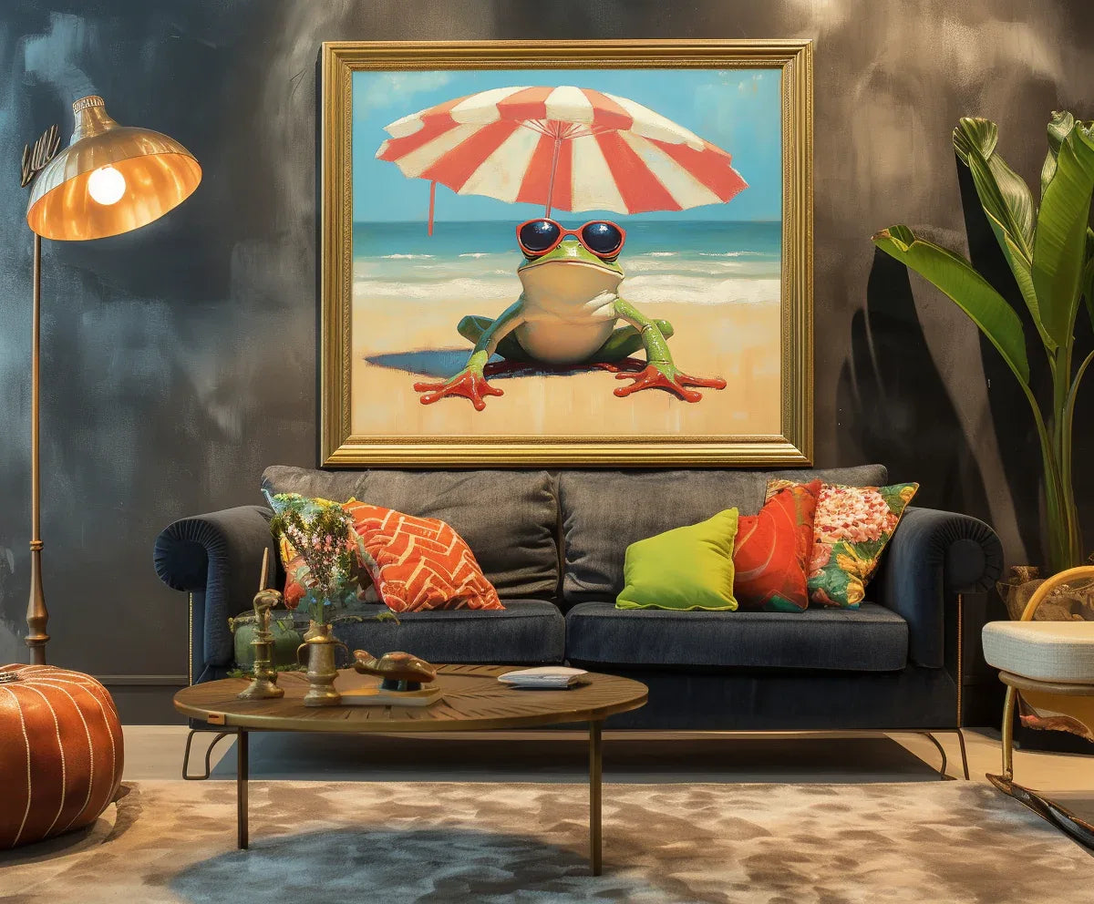 Beach Day Bliss-Fun Beach Vacation Frog Abstract Oil Painting Wall Art for Indoor Decoration