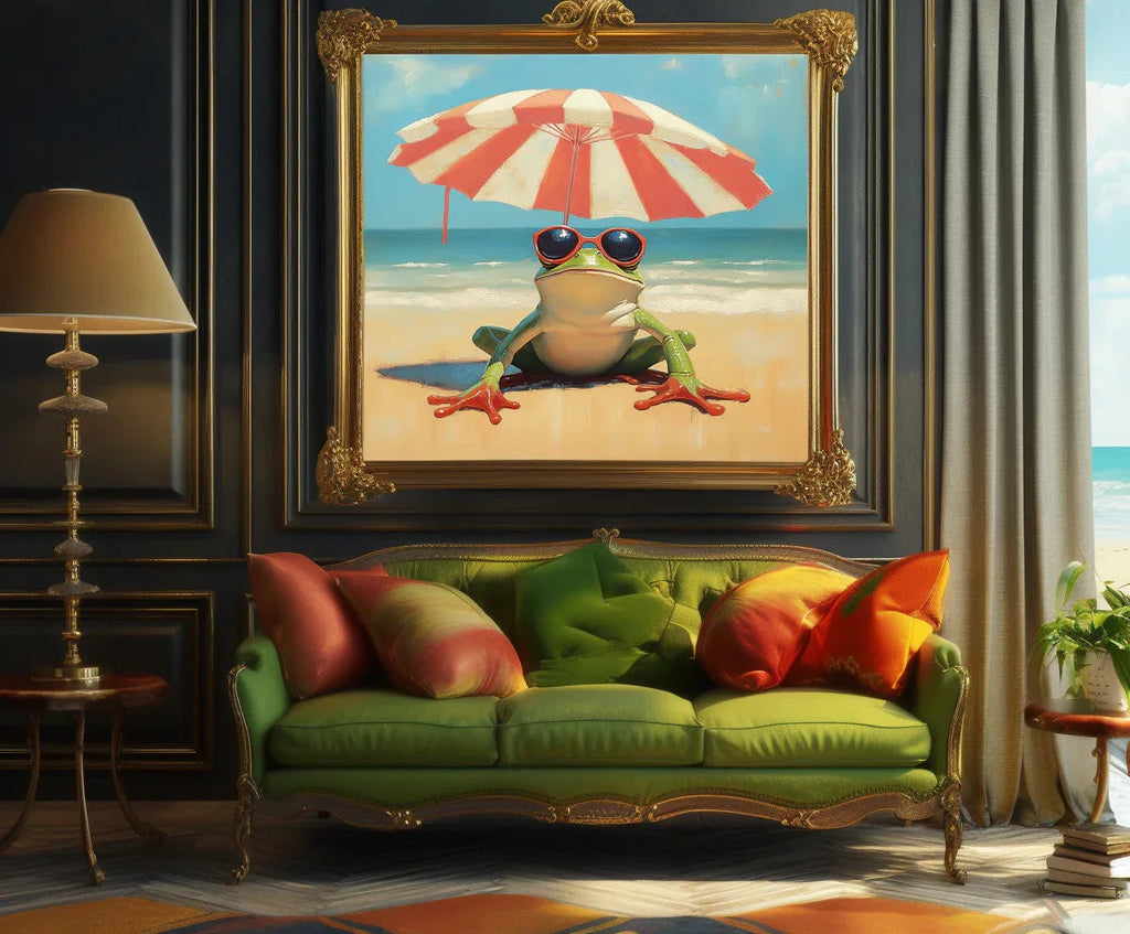 Beach Day Bliss-Fun Beach Vacation Frog Abstract Oil Painting Wall Art for Indoor Decoration