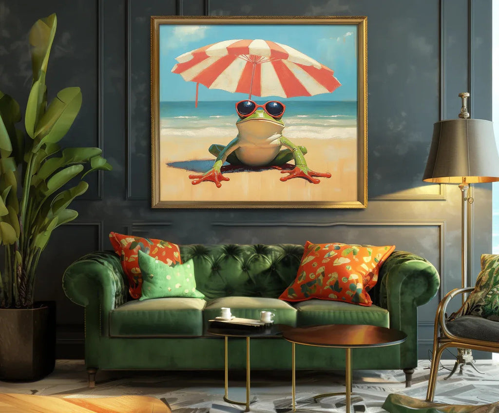 Beach Day Bliss-Fun Beach Vacation Frog Abstract Oil Painting Wall Art for Indoor Decoration