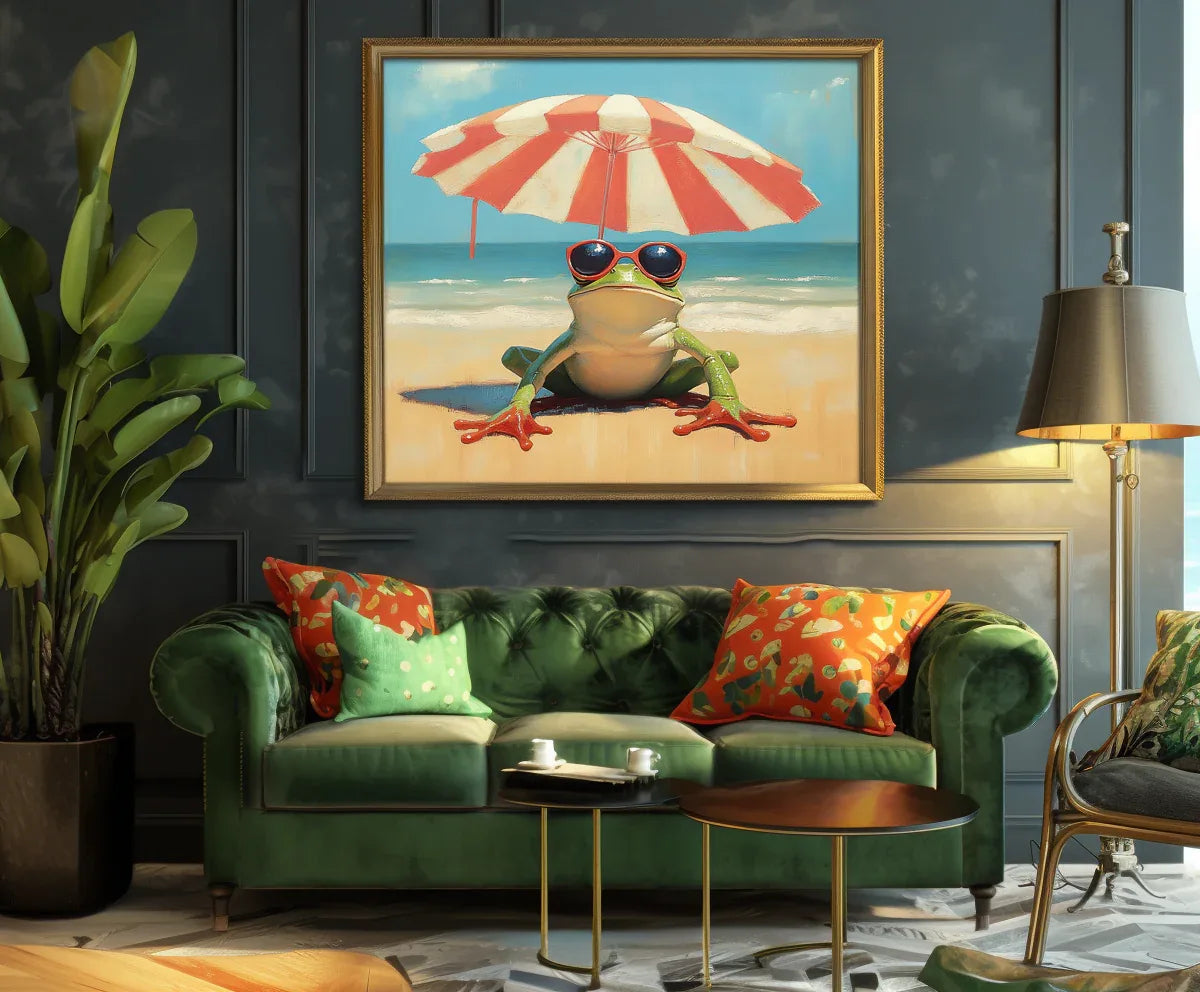 Beach Day Bliss-Fun Beach Vacation Frog Abstract Oil Painting Wall Art for Indoor Decoration