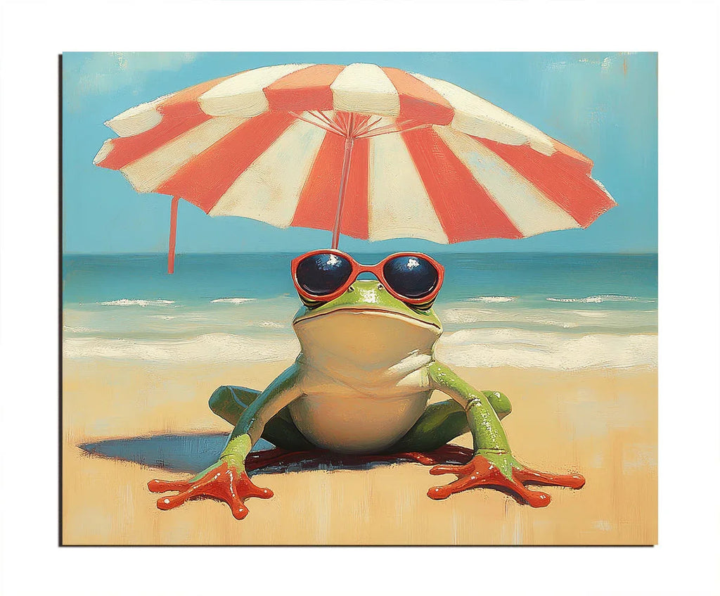 Beach Day Bliss-Fun Beach Vacation Frog Abstract Oil Painting Wall Art for Indoor Decoration