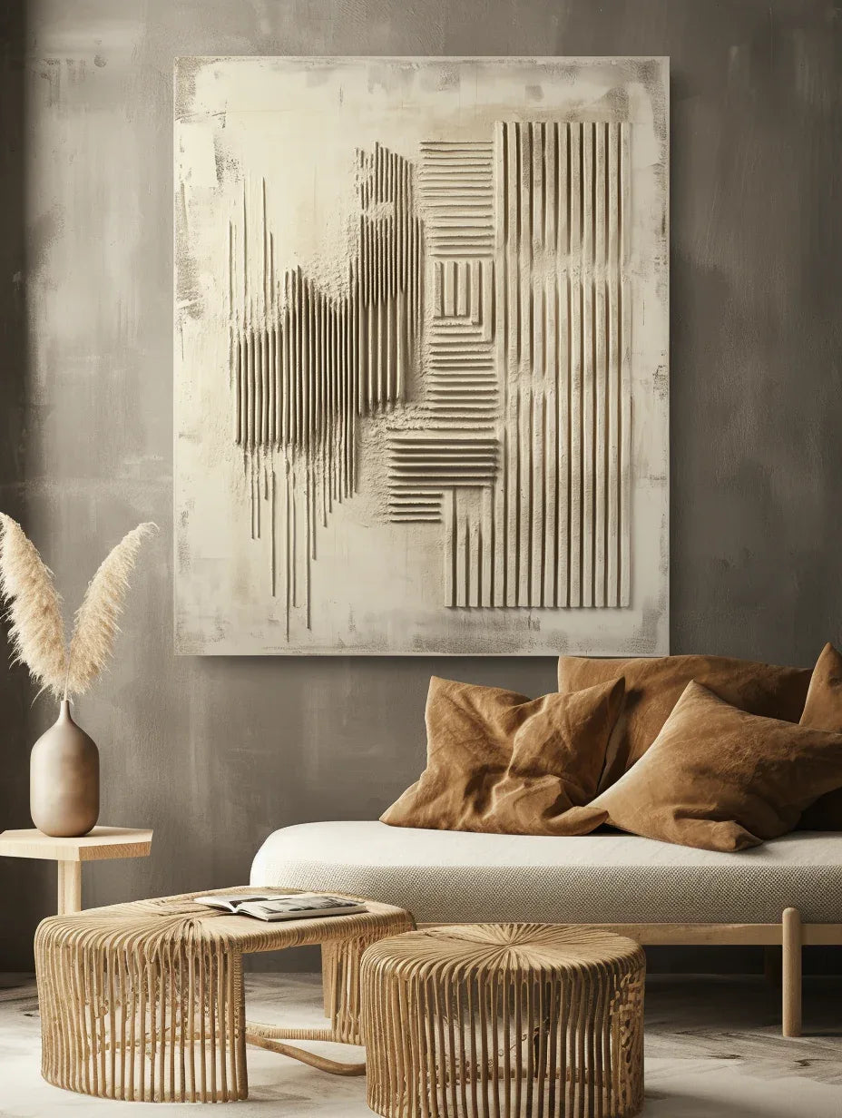 Earthy Linear Relief-Abstract Wall Art of Modern Wabi Sabi Geometric Relief
