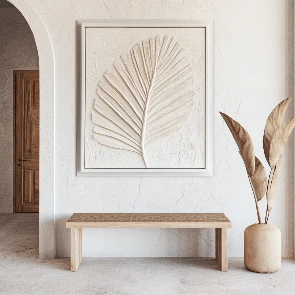 Leaf Shadow - Hand-Painted White 3D Plant Leaf Texture Oil Painting Wall Art