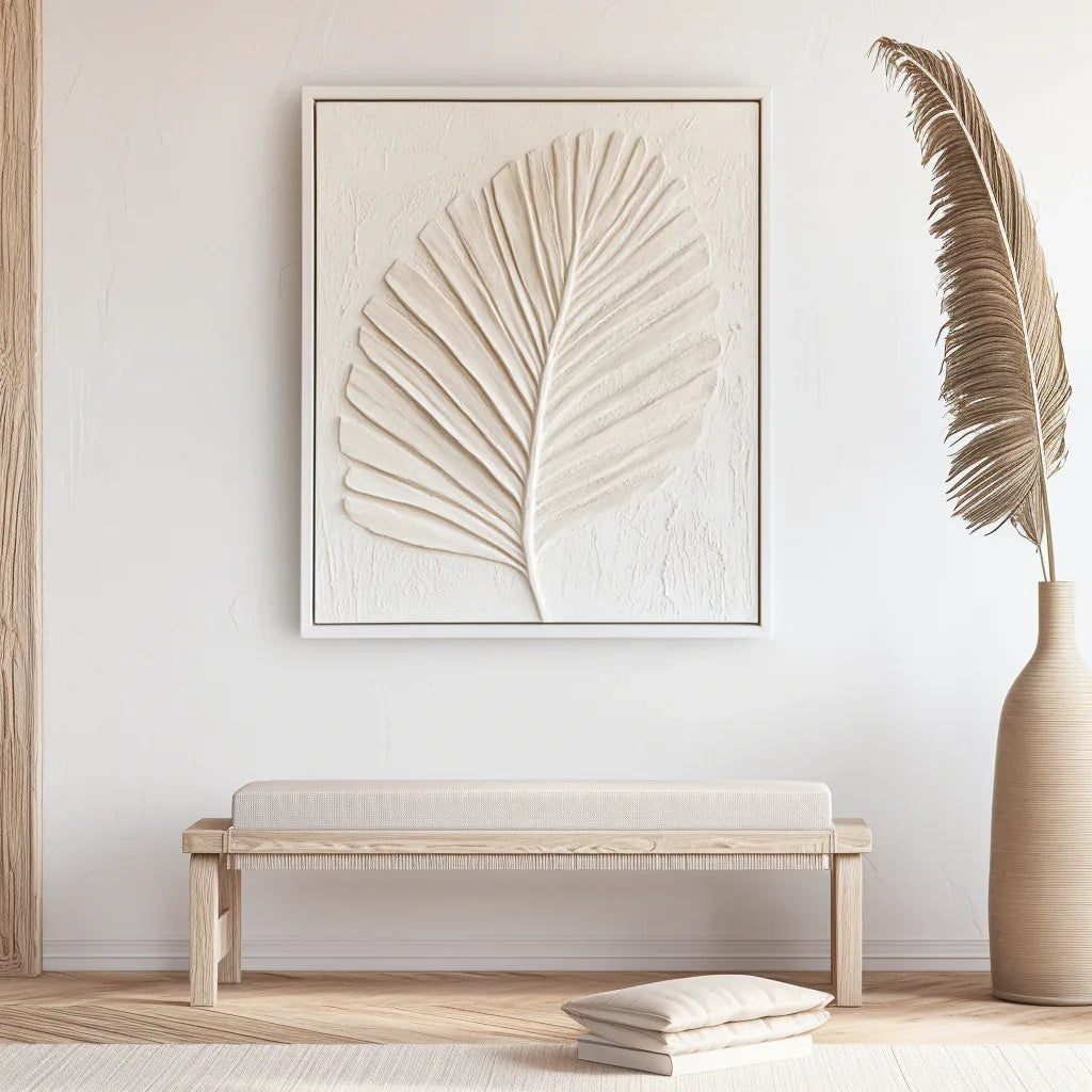 Leaf Shadow - Hand-Painted White 3D Plant Leaf Texture Oil Painting Wall Art