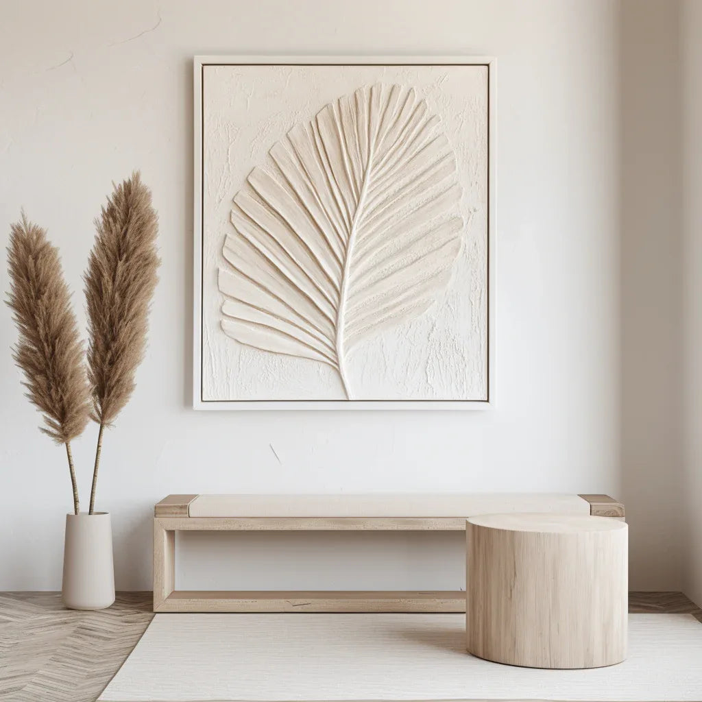 Leaf Shadow - Hand-Painted White 3D Plant Leaf Texture Oil Painting Wall Art