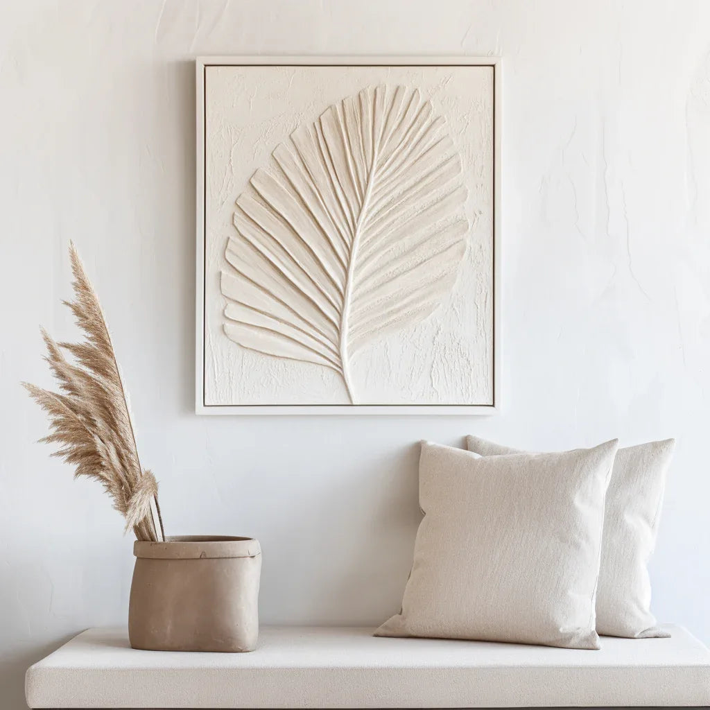 Leaf Shadow - Hand-Painted White 3D Plant Leaf Texture Oil Painting Wall Art