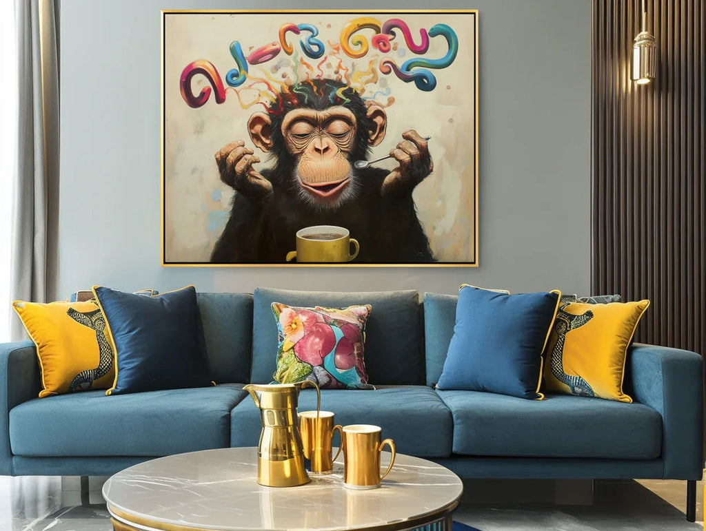 Morning Brew Monkey-Color Fonts and Coffee Gorilla Creative Abstract Wall Art