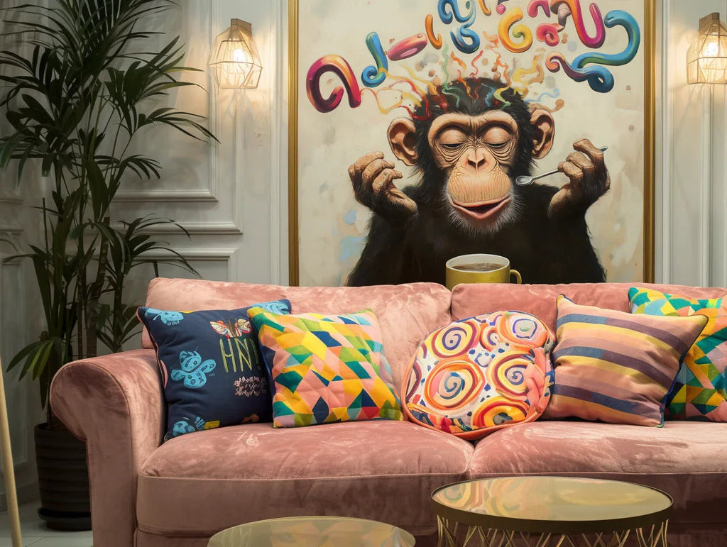 Morning Brew Monkey-Color Fonts and Coffee Gorilla Creative Abstract Wall Art