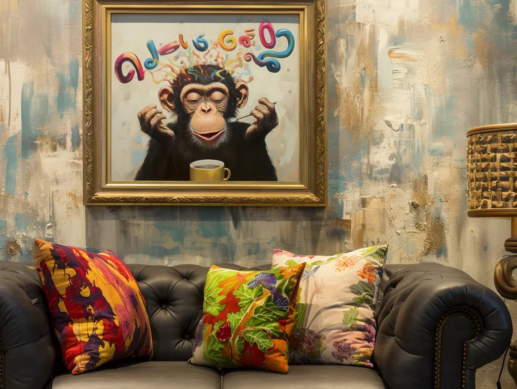 Morning Brew Monkey-Color Fonts and Coffee Gorilla Creative Abstract Wall Art