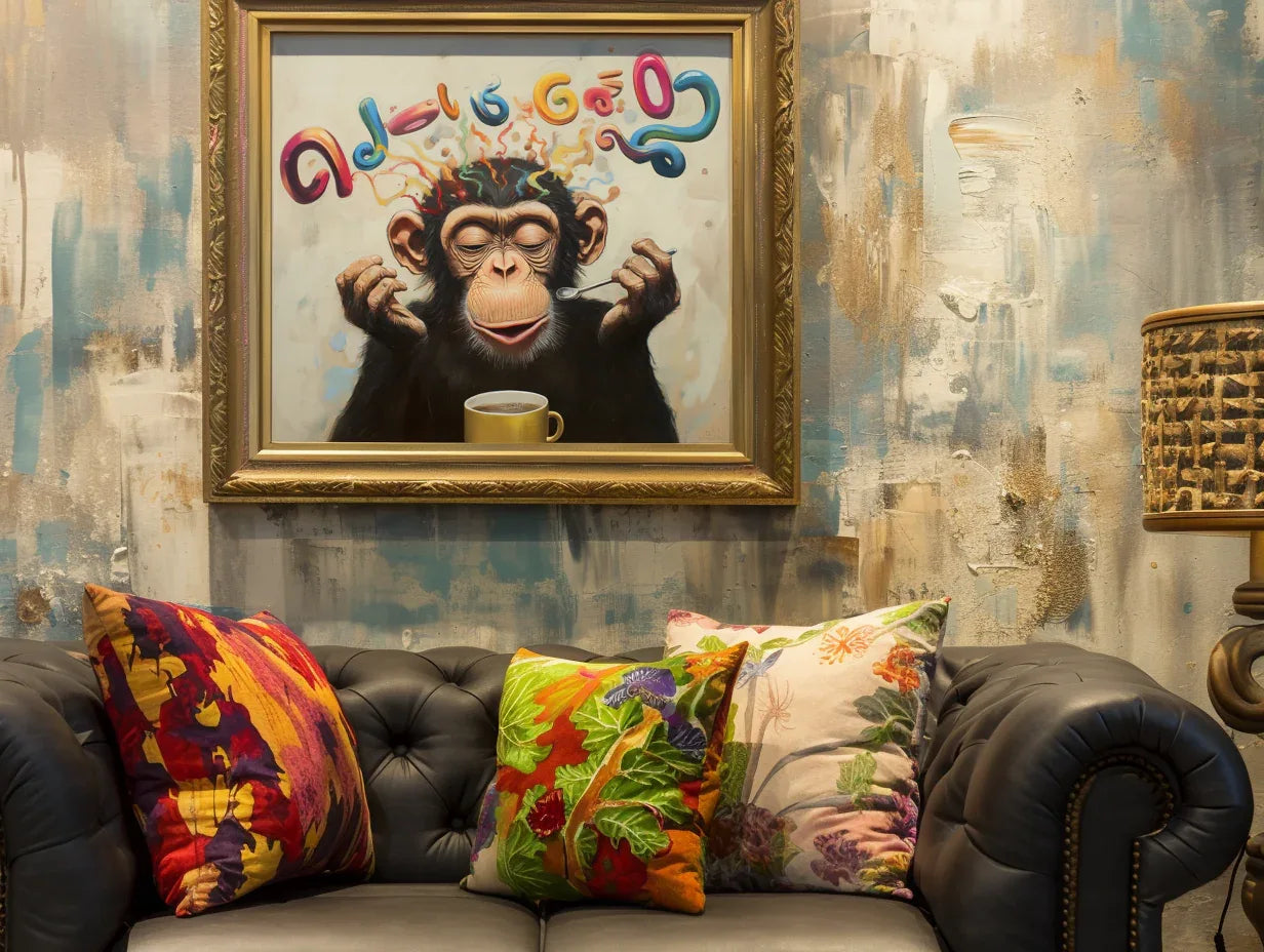 Morning Brew Monkey-Color Fonts and Coffee Gorilla Creative Abstract Wall Art