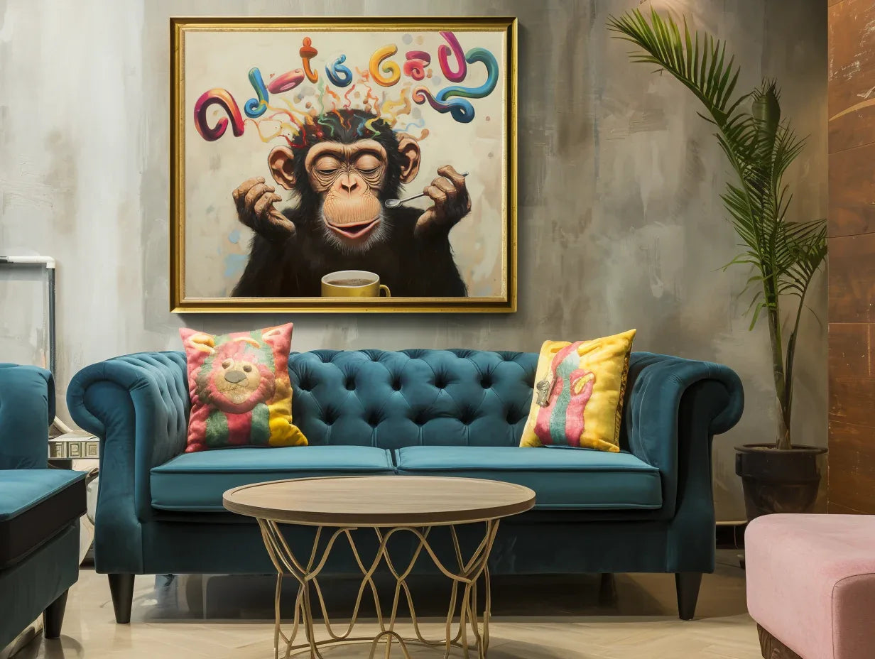 Morning Brew Monkey-Color Fonts and Coffee Gorilla Creative Abstract Wall Art