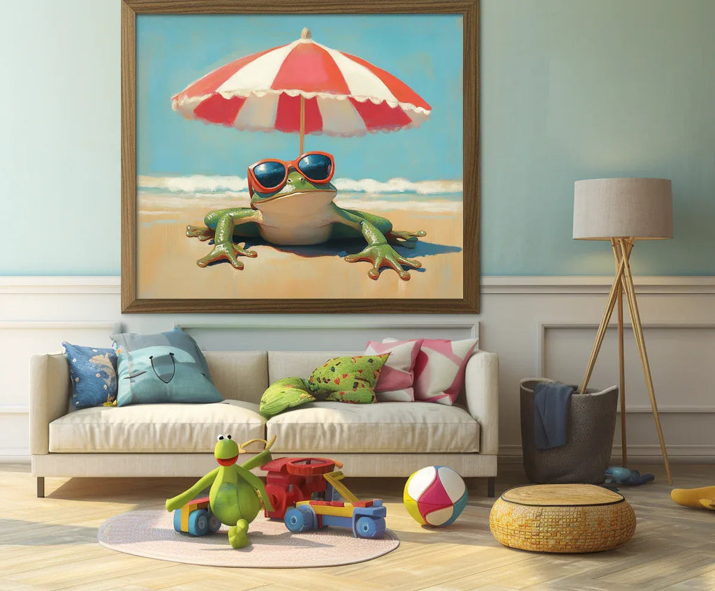 Beach Frog Fun - Hand drawn Sunglasses Frog Beach Vacation Style Home Wall Art