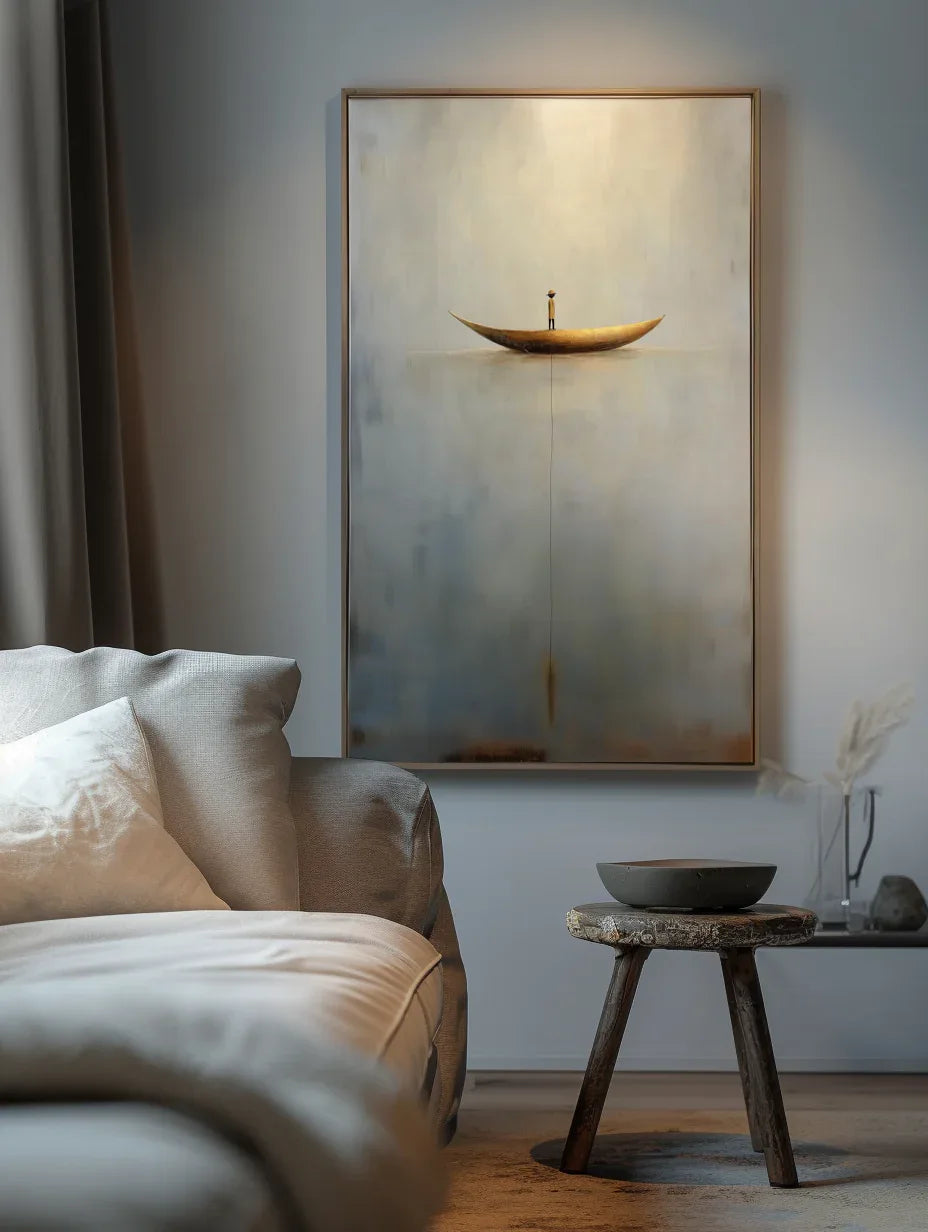 Solitary Voyage-Minimalist Wabi-Sabi Boat Light and Shadow Oil Painting Wall Art