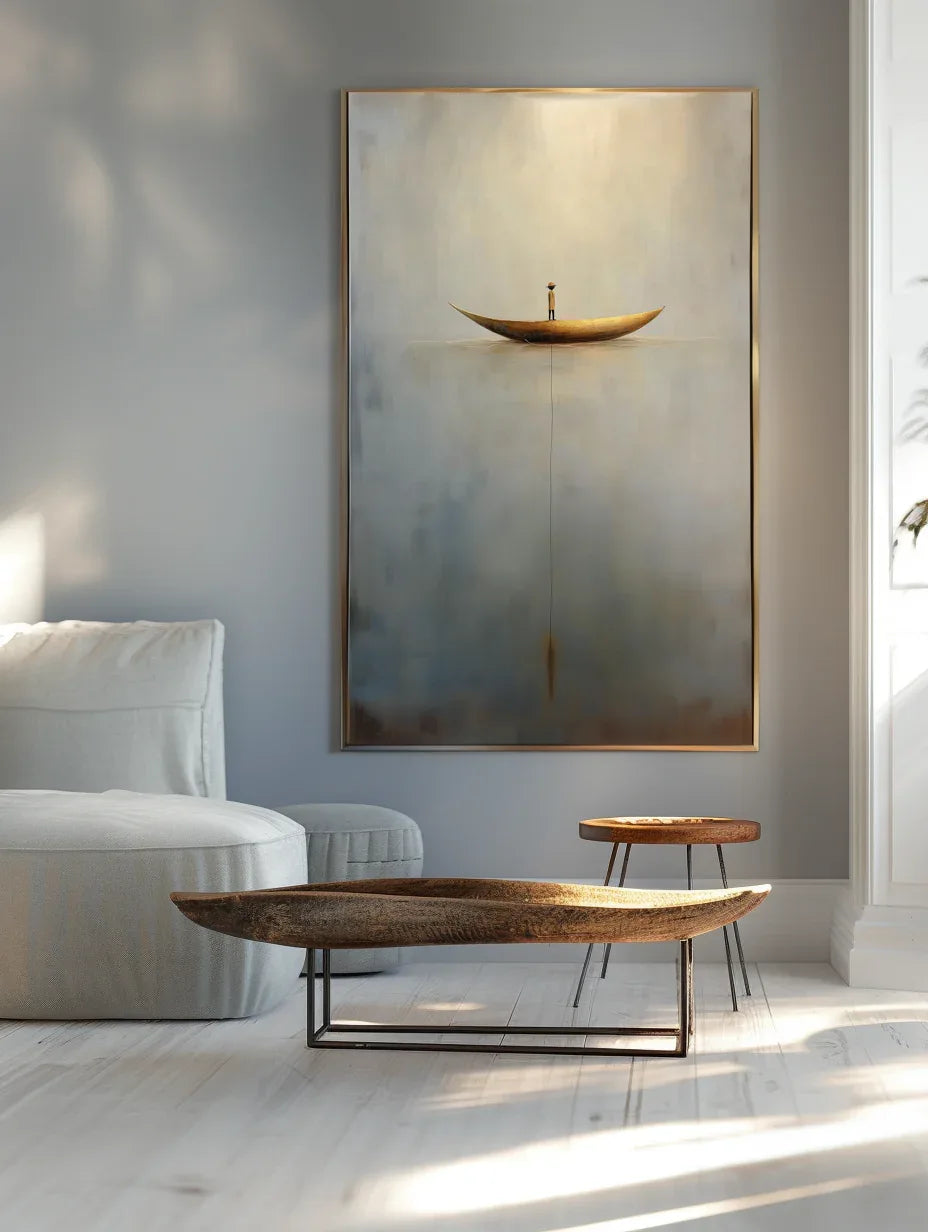 Solitary Voyage-Minimalist Wabi-Sabi Boat Light and Shadow Oil Painting Wall Art