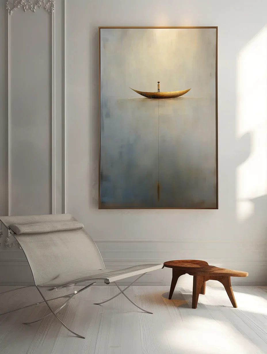 Solitary Voyage-Minimalist Wabi-Sabi Boat Light and Shadow Oil Painting Wall Art