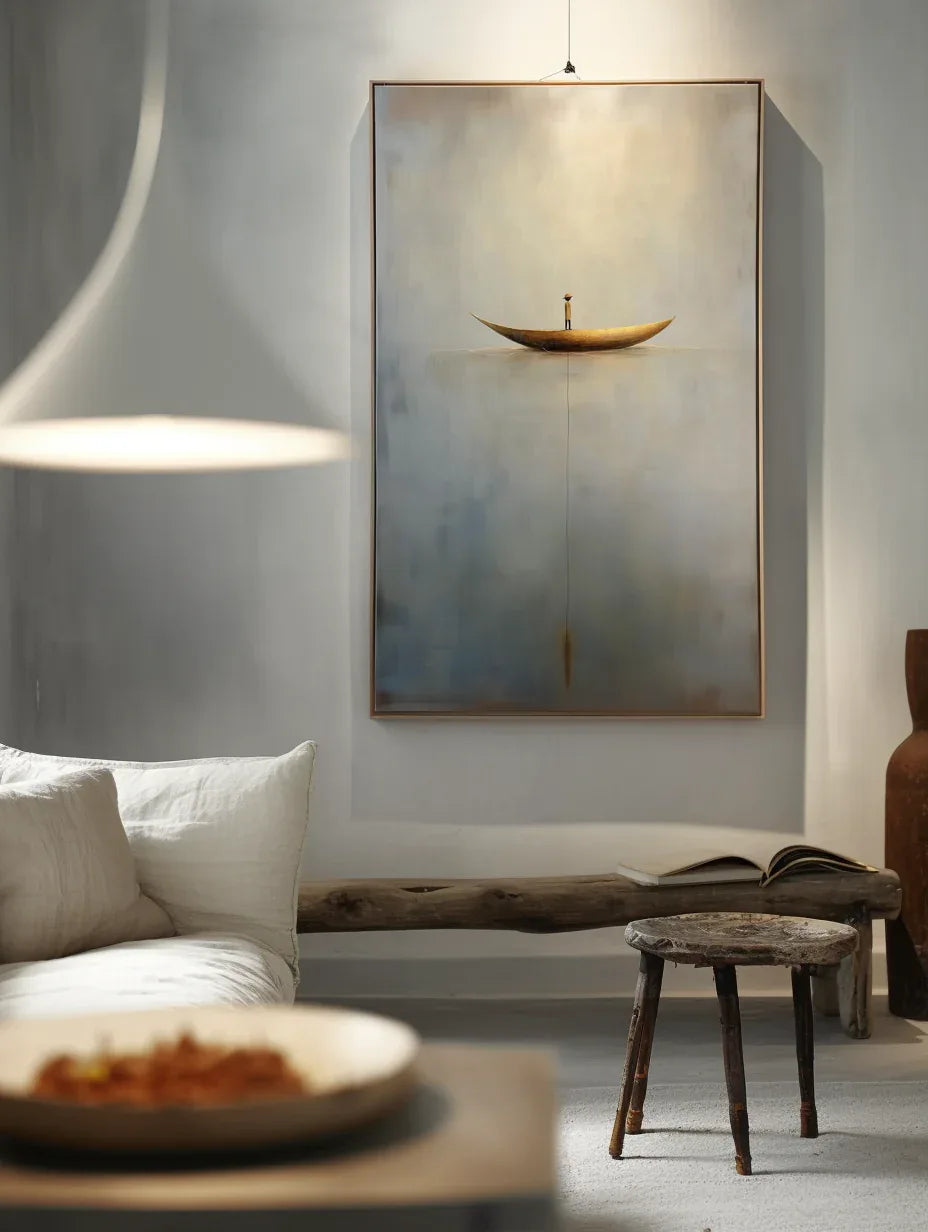 Solitary Voyage-Minimalist Wabi-Sabi Boat Light and Shadow Oil Painting Wall Art