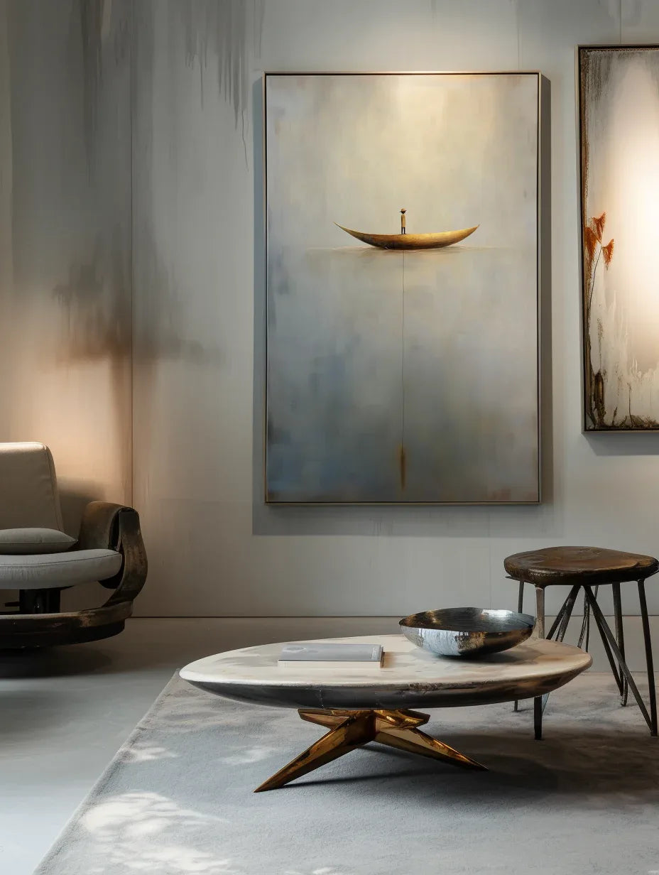 Solitary Voyage-Minimalist Wabi-Sabi Boat Light and Shadow Oil Painting Wall Art