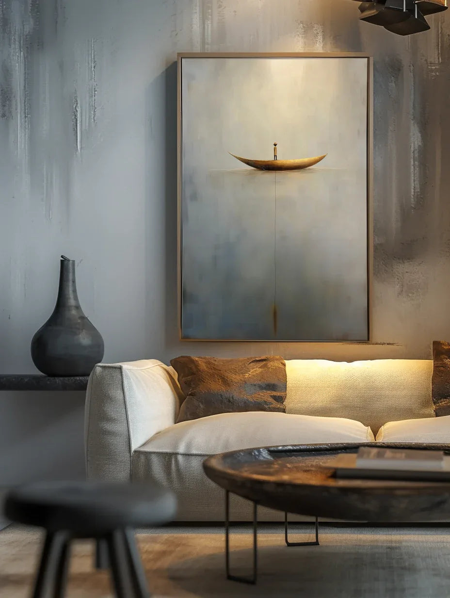 Solitary Voyage-Minimalist Wabi-Sabi Boat Light and Shadow Oil Painting Wall Art