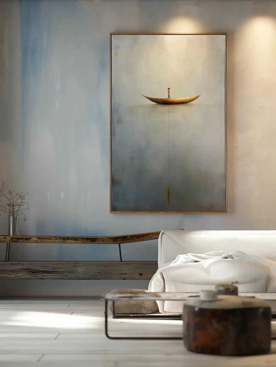Solitary Voyage-Minimalist Wabi-Sabi Boat Light and Shadow Oil Painting Wall Art