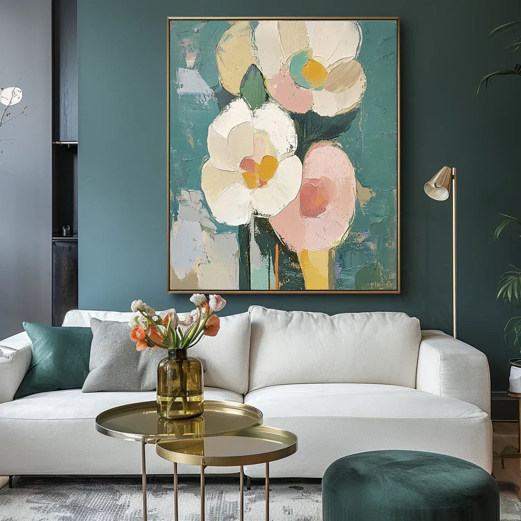 Blooms in Hues-Abstract Texture Wall Art Featuring Hand-Painted Pink and White Flowers#FL10048