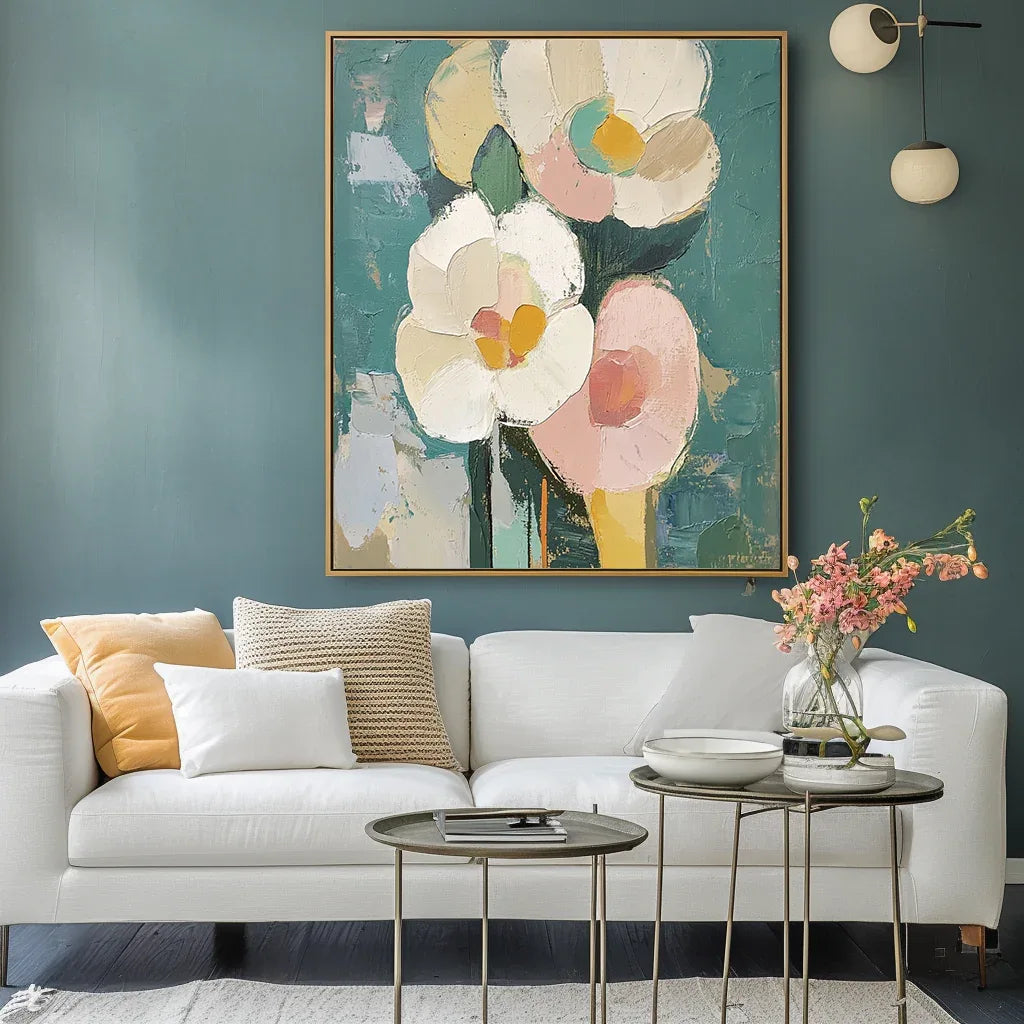 Blooms in Hues-Abstract Texture Wall Art Featuring Hand-Painted Pink and White Flowers#FL10048