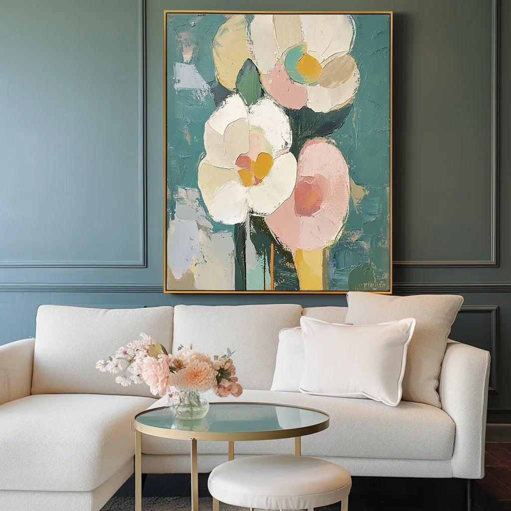 Blooms in Hues-Abstract Texture Wall Art Featuring Hand-Painted Pink and White Flowers#FL10048