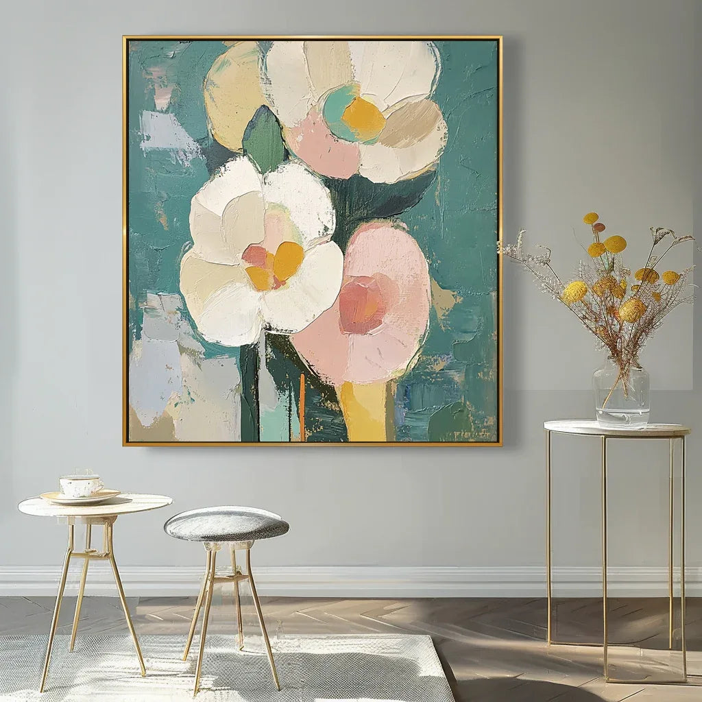 Blooms in Hues-Abstract Texture Wall Art Featuring Hand-Painted Pink and White Flowers#FL10048