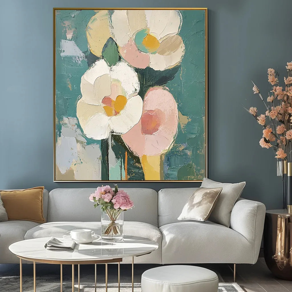 Blooms in Hues-Abstract Texture Wall Art Featuring Hand-Painted Pink and White Flowers#FL10048